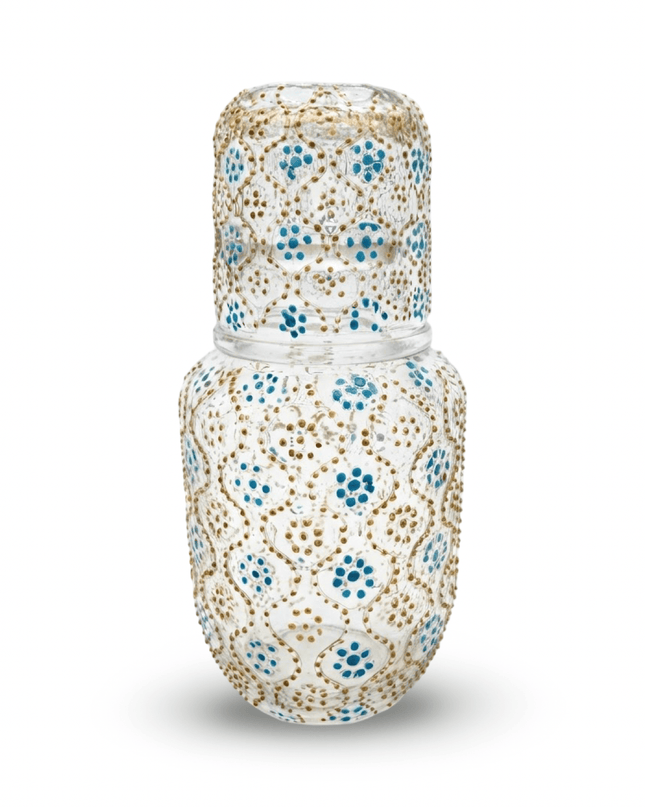 Chandni hand-painted bedside water bottle with glass in Turquoise