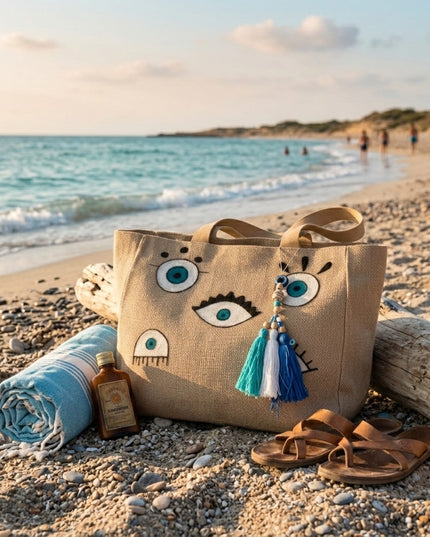 Casa Duniya Hand-Painted Canvas Tote Beige Styled Corfu Canvas Beach Bag
