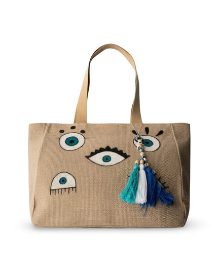 Casa Duniya Hand-Painted Canvas Tote Beige Detail Corfu Canvas Beach Bag