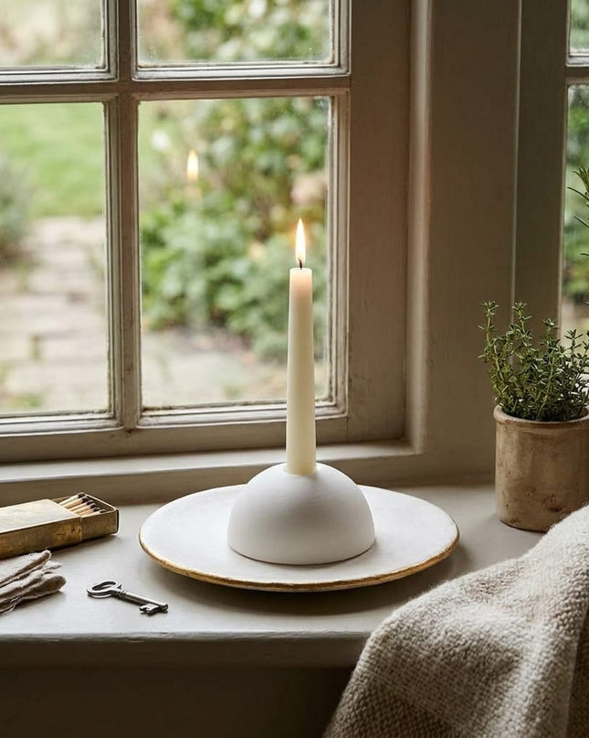 Casa Duniya Hand-Painted Ceramic Candle Plate Gold Border on a Windowsill with a Candle White Ceramic Candle Plate with Gold Border