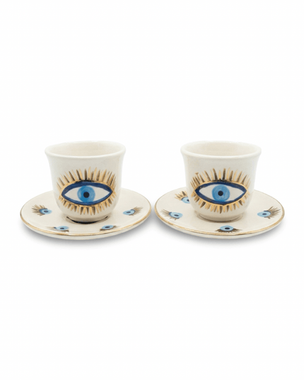 Sahar hand-painted evil eye ceramic espresso cups with white saucers with gold rims, set of 2