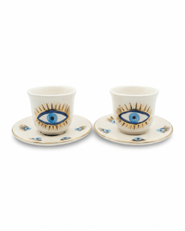 Sahar hand-painted evil eye ceramic espresso cups with white saucers with gold rims, set of 2