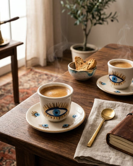 Sahar espresso cup on a white saucer with gold rim, hand-painted with an evil eye, made in Jordan