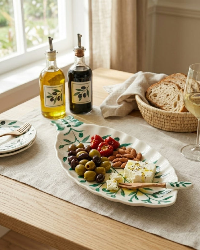 Shuye hand-painted leaf serving plate styled on a table