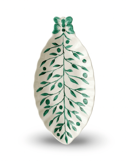 Shuye leaf-shaped white ceramic serving plate hand-painted with green detailing