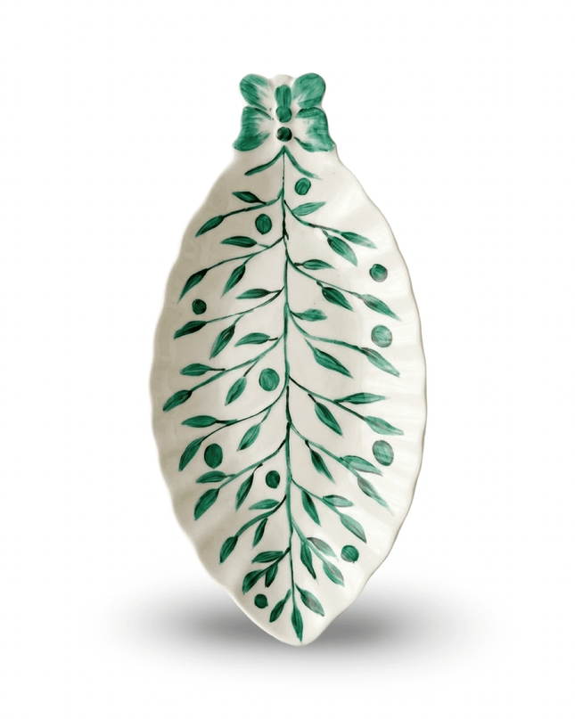 Shuye leaf-shaped white ceramic serving plate hand-painted with green detailing