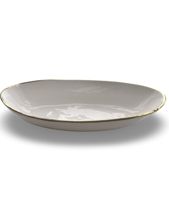 Oval Handpainted Ceramic White Serving Bowl with Gold Border
