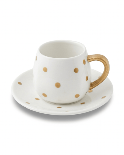 Bindi white ceramic tea cup and saucer with gold polka dots