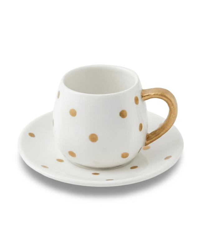 Bindi white ceramic tea cup and saucer with gold polka dots