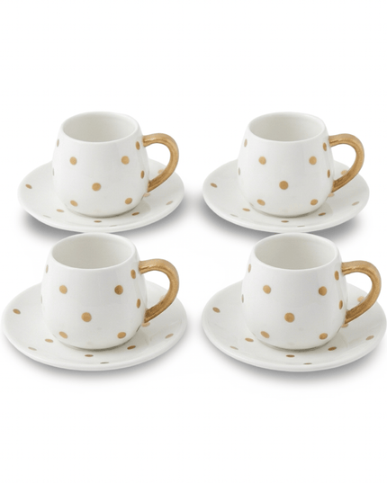 Bindi set of 2 white ceramic tea cups and 2 saucers with gold polka dots