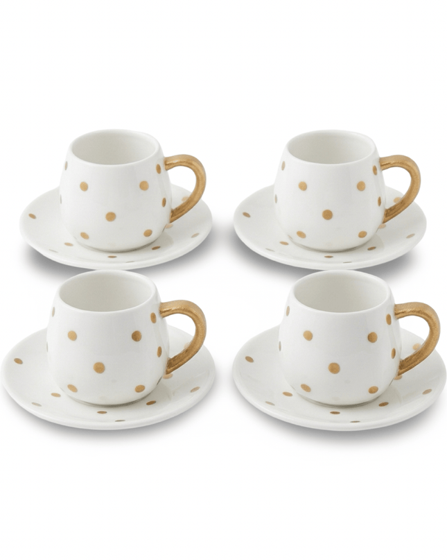 Bindi set of 4 white ceramic tea cups and 4 saucers with gold polka dots