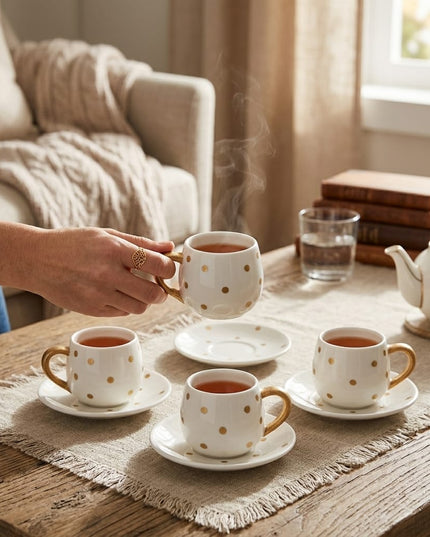 Bindi gold polka dot tea cups and saucers styled on a table