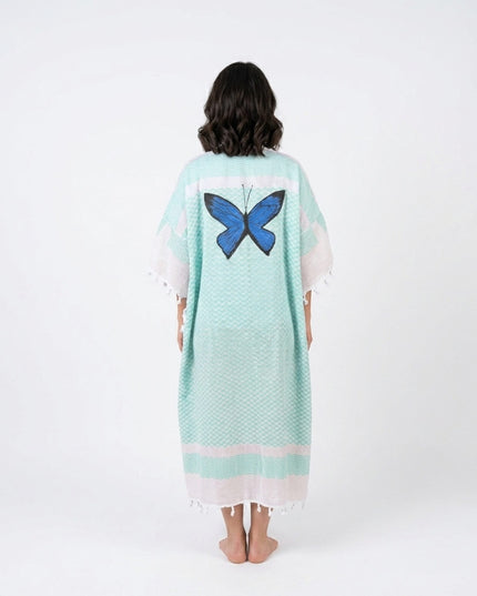 Casa Duniya Hand-Painted Cotton Beach Cover-Ups Aqua with Blue Butterfly Tyre Kaftans