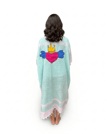 Casa Duniya Hand-Painted Cotton Beach Cover-Ups Aqua with Pink Heart Tyre Kaftans