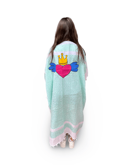Hand-Painted Aqua Kaftan with Pink Heart Crown Wings