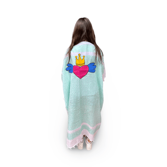 Hand-Painted Aqua Kaftan with Pink Heart Crown Wings