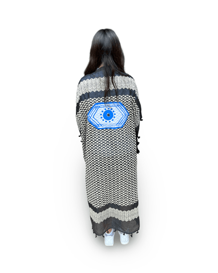 Hand-Painted Black White Kaftan with Blue Hexagon Evil Eye