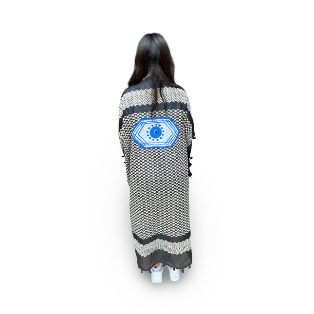 Hand-Painted Black White Kaftan with Blue Hexagon Evil Eye