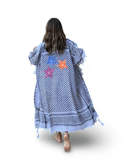 Casa Duniya Hand-Painted Cotton Beach Cover-Ups Black and White with Multi-Colored Starfish Tyre Kaftans
