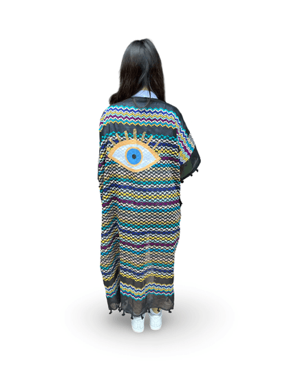 Hand-Painted Multi-Colored Kaftan with Gold Evil Eye