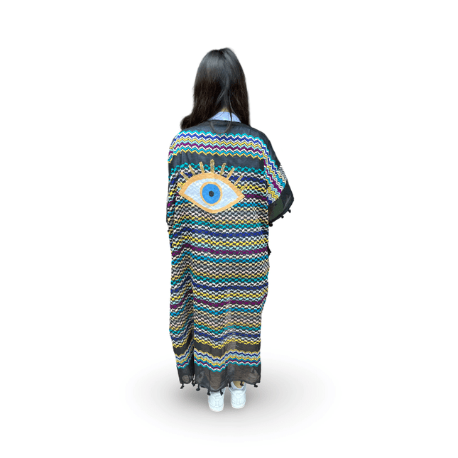 Hand-Painted Multi-Colored Kaftan with Gold Evil Eye