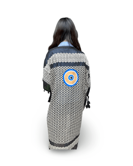 Hand-Painted Black White Kaftan with Evil Eye