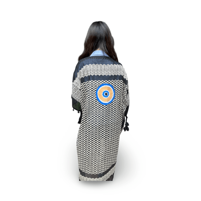 Hand-Painted Black White Kaftan with Evil Eye