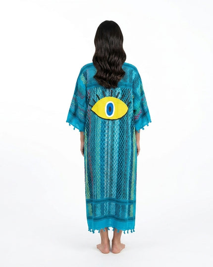 Casa Duniya Hand-Painted Cotton Beach Cover-Ups Blue Multi-Colored with Evil Eye Tyre Kaftans