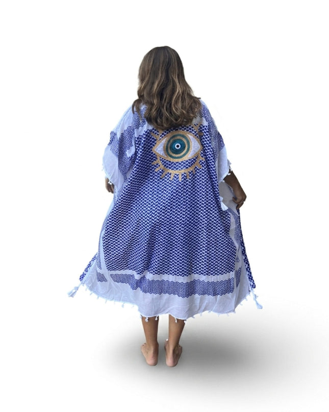 Casa Duniya Hand-Painted Cotton Beach Cover-Ups Blue with Gold Evil Eye Tyre Kaftans