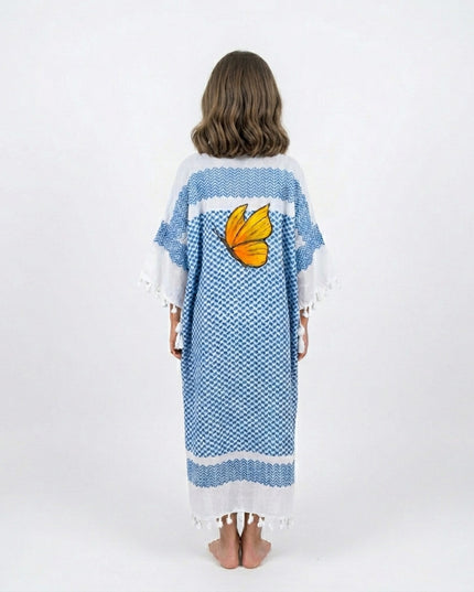 Casa Duniya Hand-Painted Cotton Beach Cover-Ups Blue with Orange Butterfly Tyre Kaftans