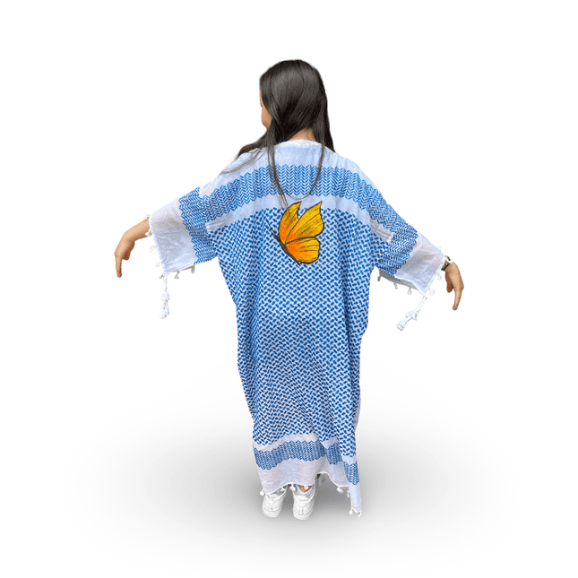 Hand-Painted Blue Kaftan with Orange Butterfly