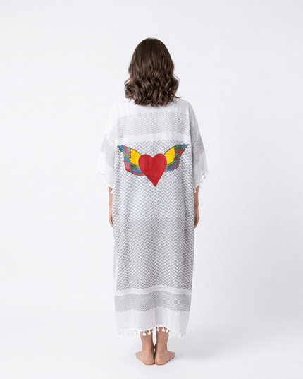 Casa Duniya Hand-Painted Cotton Beach Cover-Ups Gray with Pink Heart Tyre Kaftans