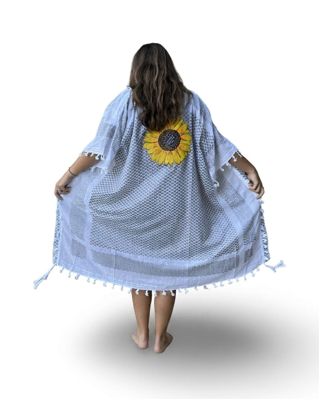 Casa Duniya Hand-Painted Cotton Beach Cover-Ups Gray with Yellow Sunflower Tyre Kaftans