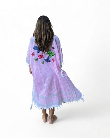 Casa Duniya Hand-Painted Cotton Beach Cover-Ups Pink with Multi-Colored Butterflies Tyre Kaftans