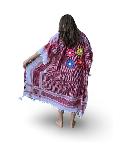 Casa Duniya Hand-Painted Cotton Beach Cover-Ups Red with Colorful Flowers Tyre Kaftans