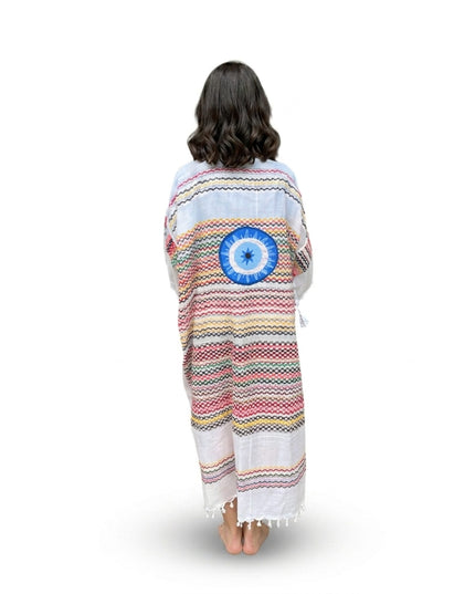 Casa Duniya Hand-Painted Cotton Beach Cover-Ups White Multi-Colored with Blue Sun Evil Eye Tyre Kaftans