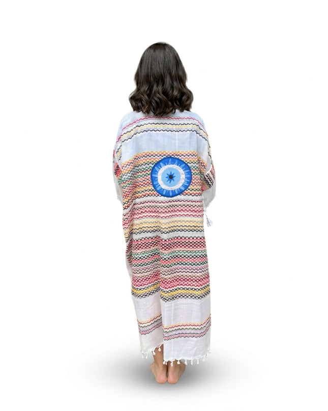 Casa Duniya Hand-Painted Cotton Beach Cover-Ups White Multi-Colored with Blue Sun Evil Eye Tyre Kaftans