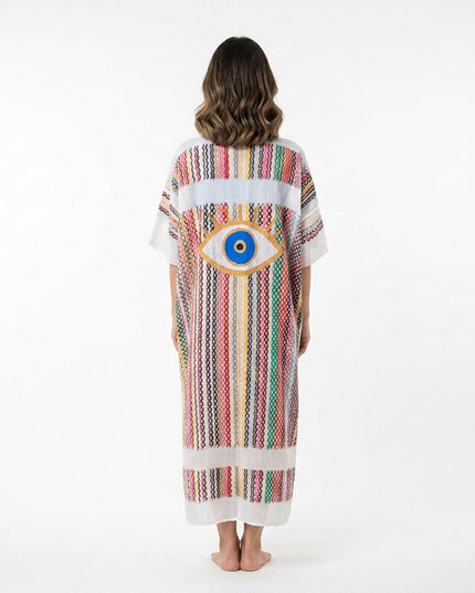 Casa Duniya Hand-Painted Cotton Beach Cover-Ups White Multi-Colored with Evil Eye Tyre Kaftans
