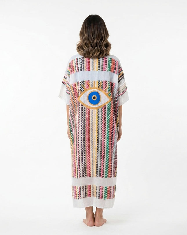 Casa Duniya Hand-Painted Cotton Beach Cover-Ups White Multi-Colored with Evil Eye Tyre Kaftans