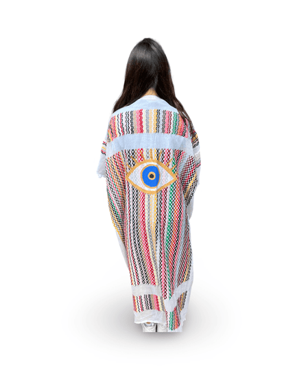 Hand-Painted White Multi-Colored Kaftan with Evil Eye