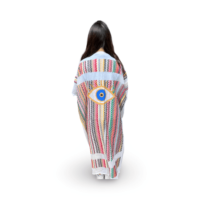 Hand-Painted White Multi-Colored Kaftan with Evil Eye