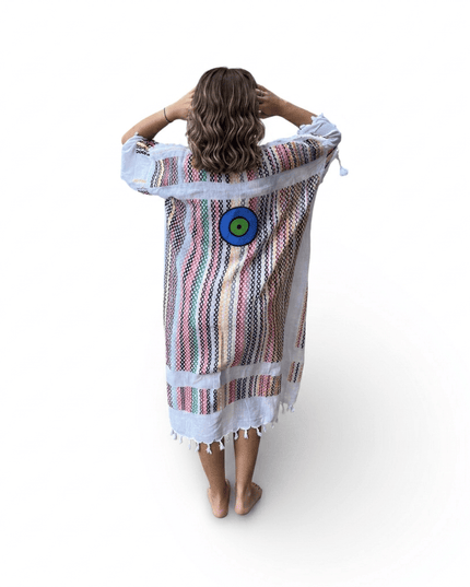 Casa Duniya Hand-Painted Cotton Beach Cover-Ups White Multi-Colored with Round Blue Eye Tyre Kaftans