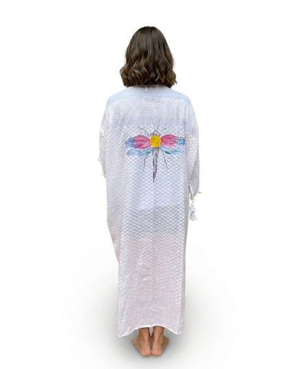 Casa Duniya Hand-Painted Cotton Beach Cover-Ups White with Dragonfly Tyre Kaftans