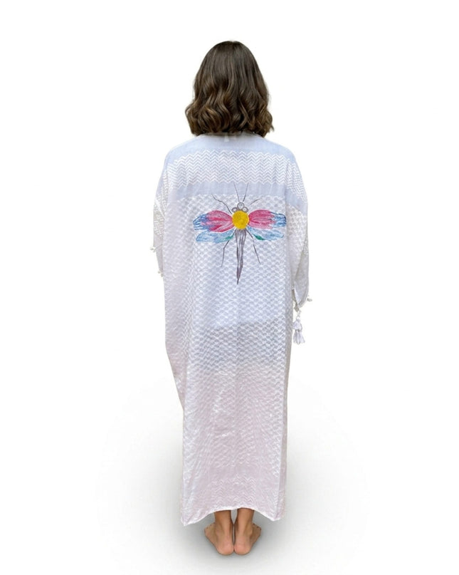 Casa Duniya Hand-Painted Cotton Beach Cover-Ups White with Dragonfly Tyre Kaftans