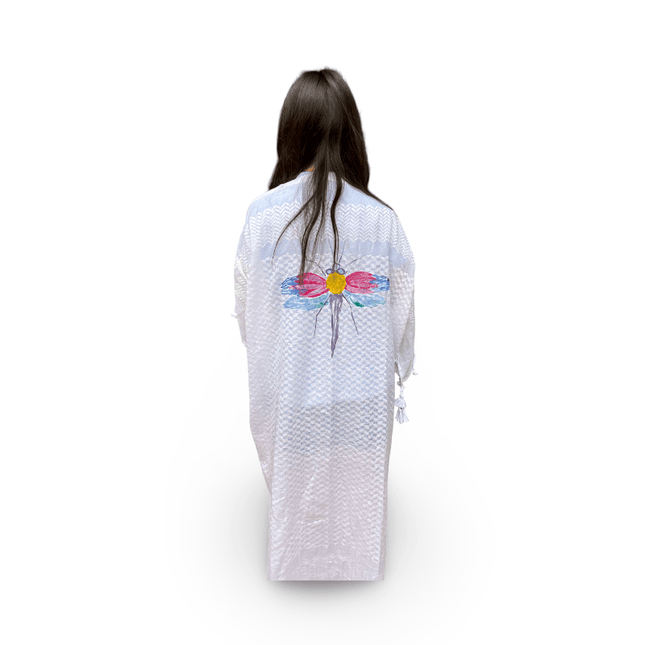 Hand-Painted White Kaftan with Colorful Dragonfly