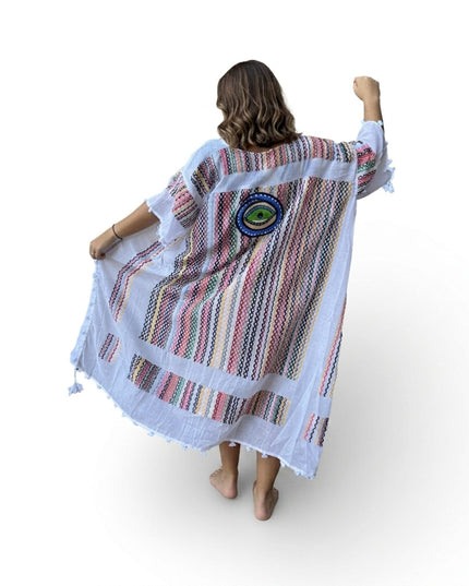 Casa Duniya Hand-Painted Cotton Beach Cover-Ups Whiter Multi-Colored with Blue Green Evil Eye Tyre Kaftans