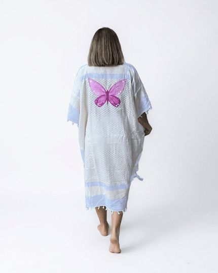 Casa Duniya Hand-Painted Cotton Beach Cover-Ups Yellow with Pink Butterfly Tyre Kaftans