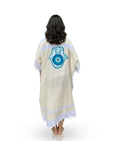 Casa Duniya Hand-Painted Cotton Beach Cover-Ups Yellow with Turquoise Hamsa Tyre Kaftans