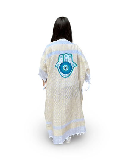 Hand-Painted Yellow Kaftan with Turquoise Hamsa