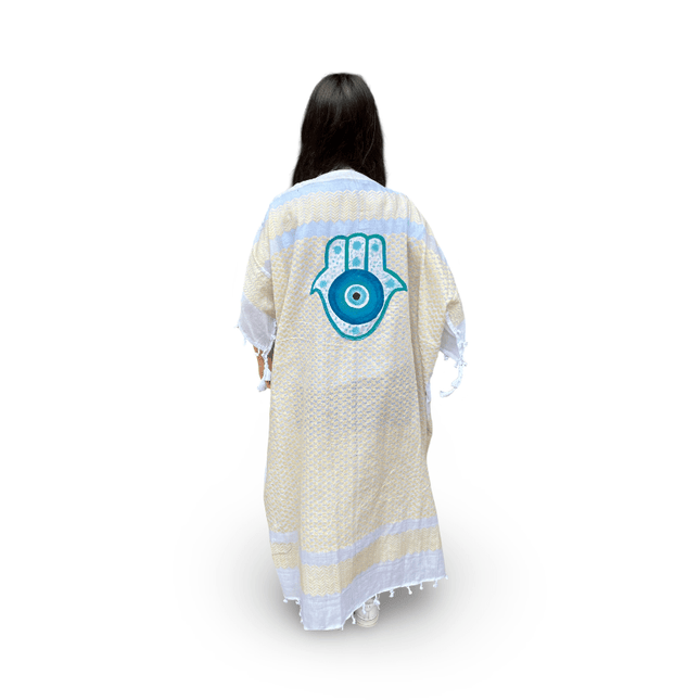 Hand-Painted Yellow Kaftan with Turquoise Hamsa